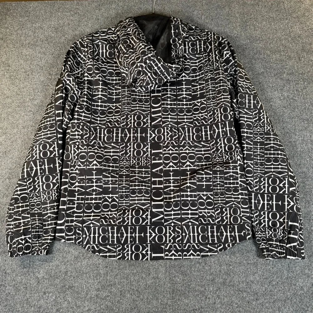 Michael Kors Womens Logo Print Hooded Windbreaker Jacket Black White XS #3866